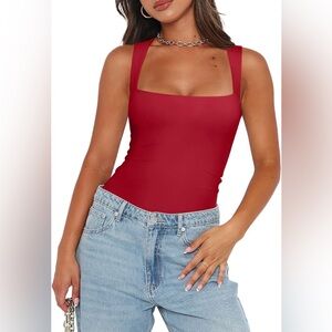 Women's Red Square Neck Sleeveless Bodysuit